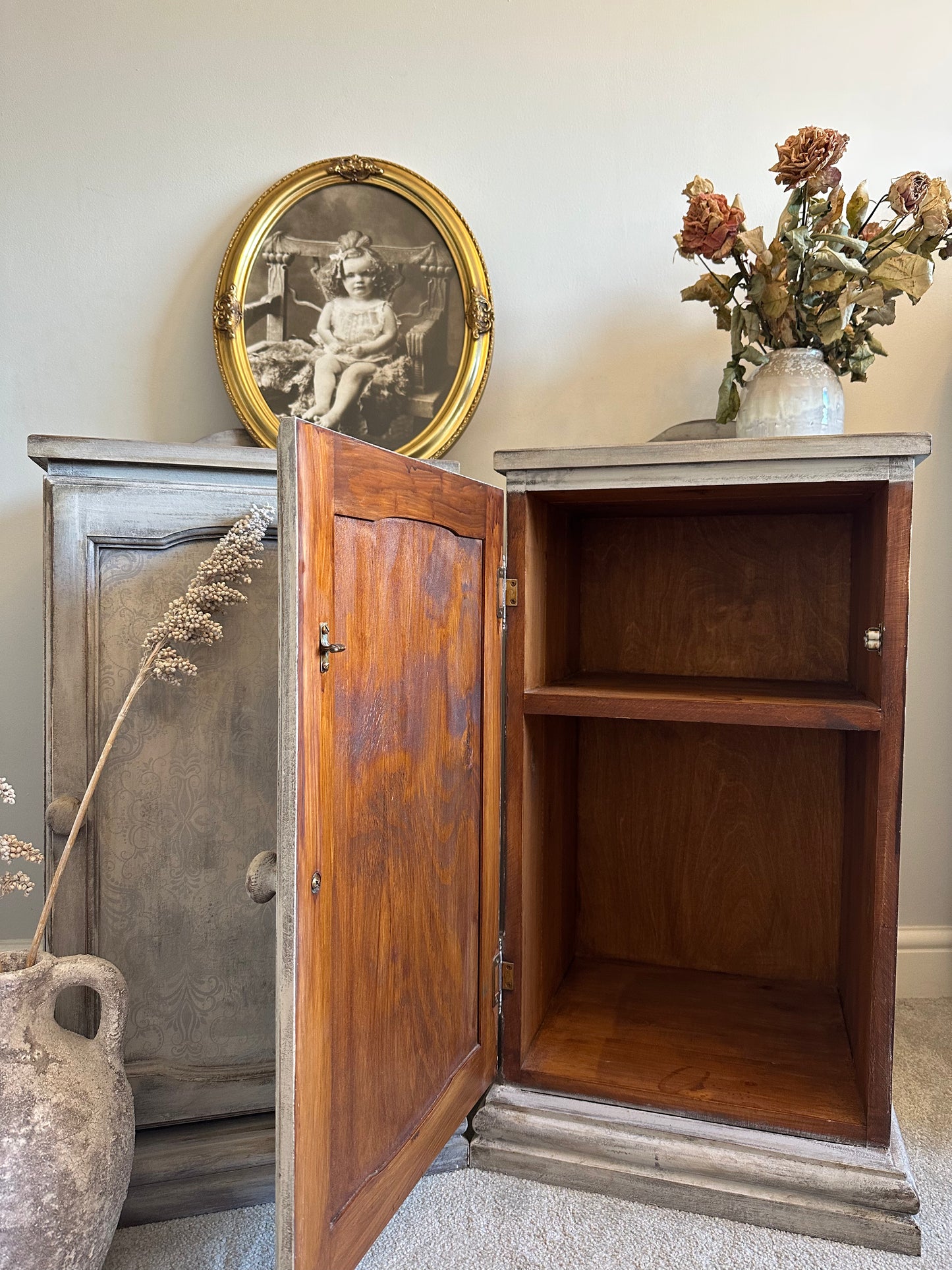 French style vintage distressed hand painted cabinets