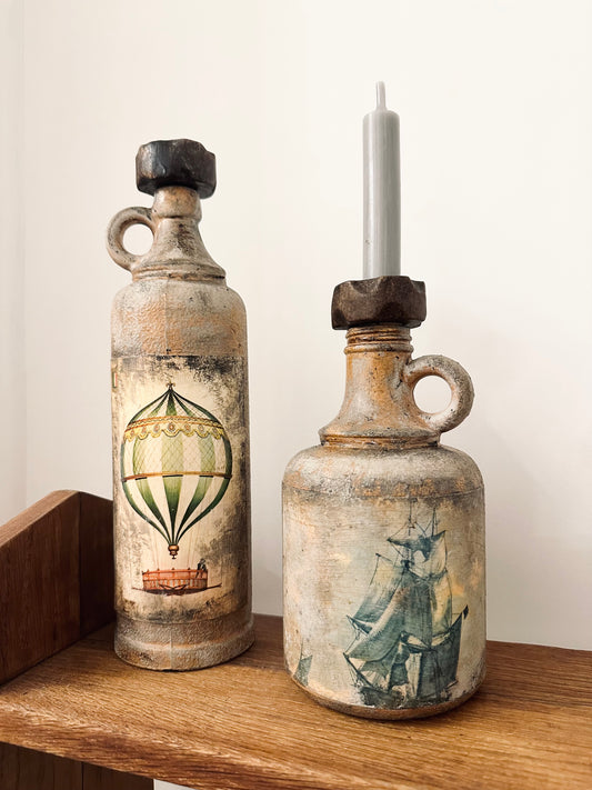 Vintage hand painted rustic bottles/candle stick holders
