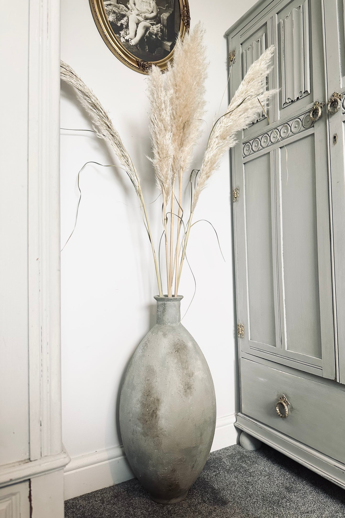 Tall green/grey rustic floor standing vase