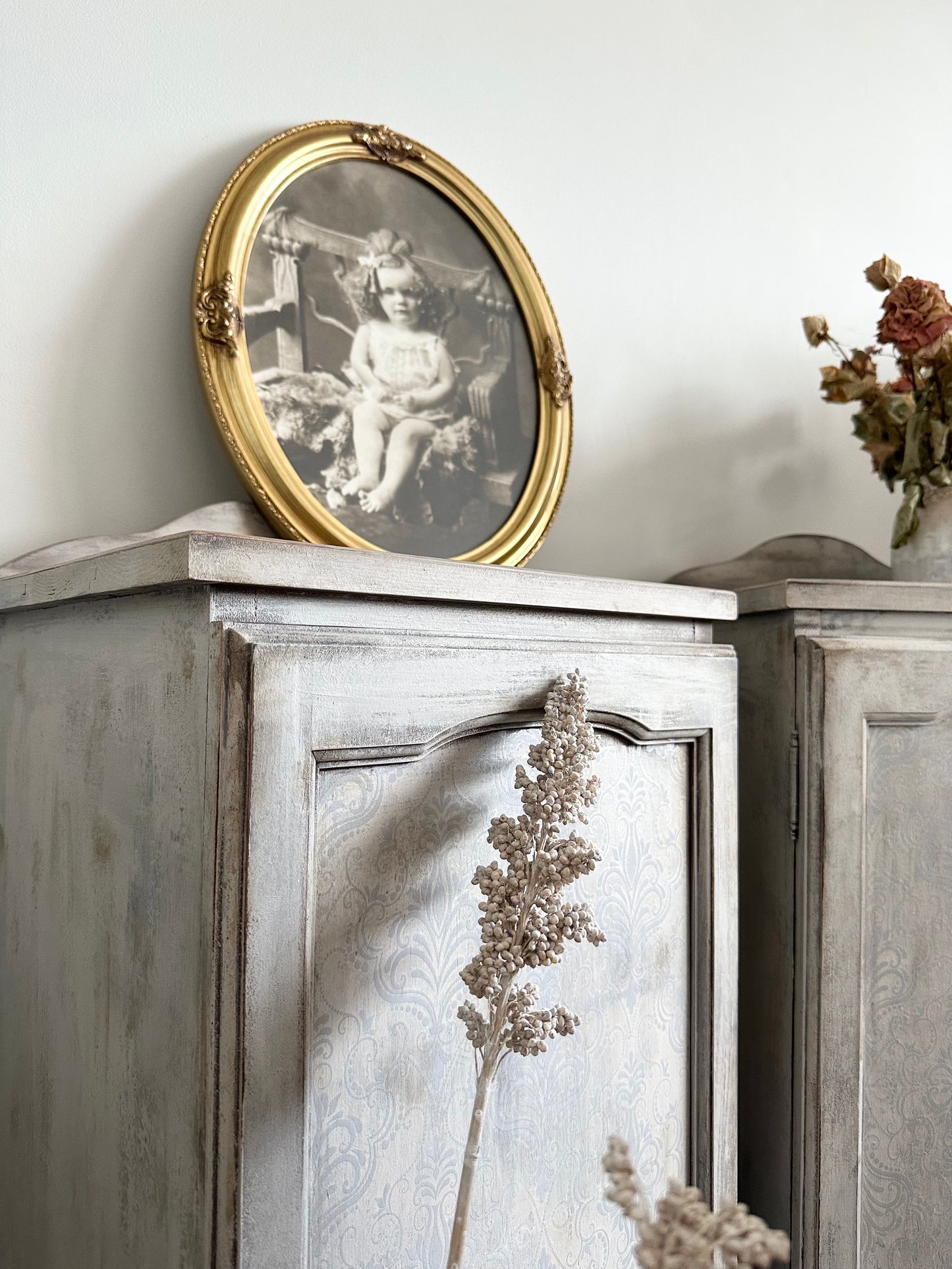French style vintage distressed hand painted cabinets