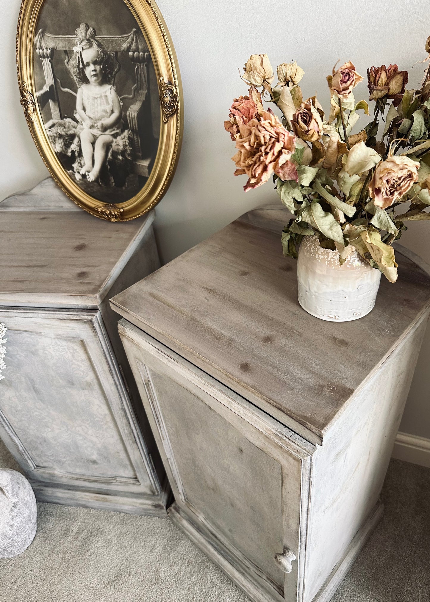 French style vintage distressed hand painted cabinets