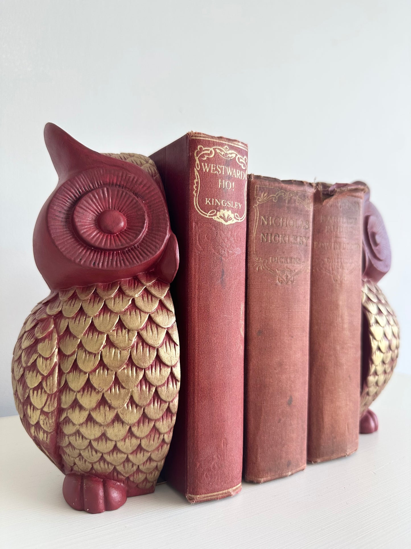 Heavy vintage gold and red owl book ends