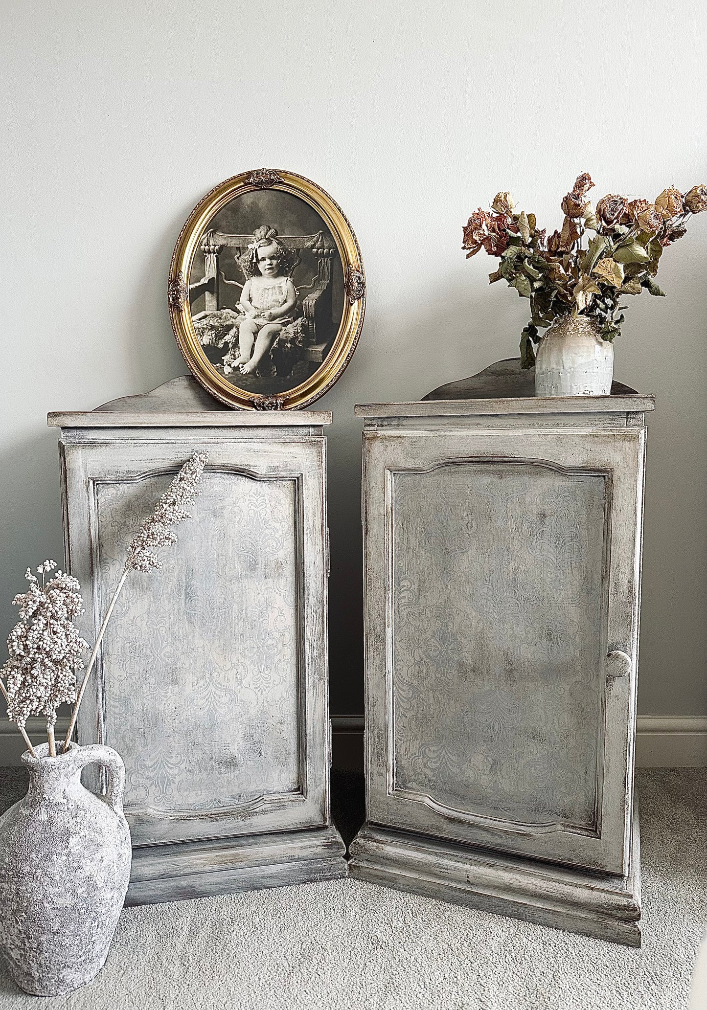 French style vintage distressed hand painted cabinets