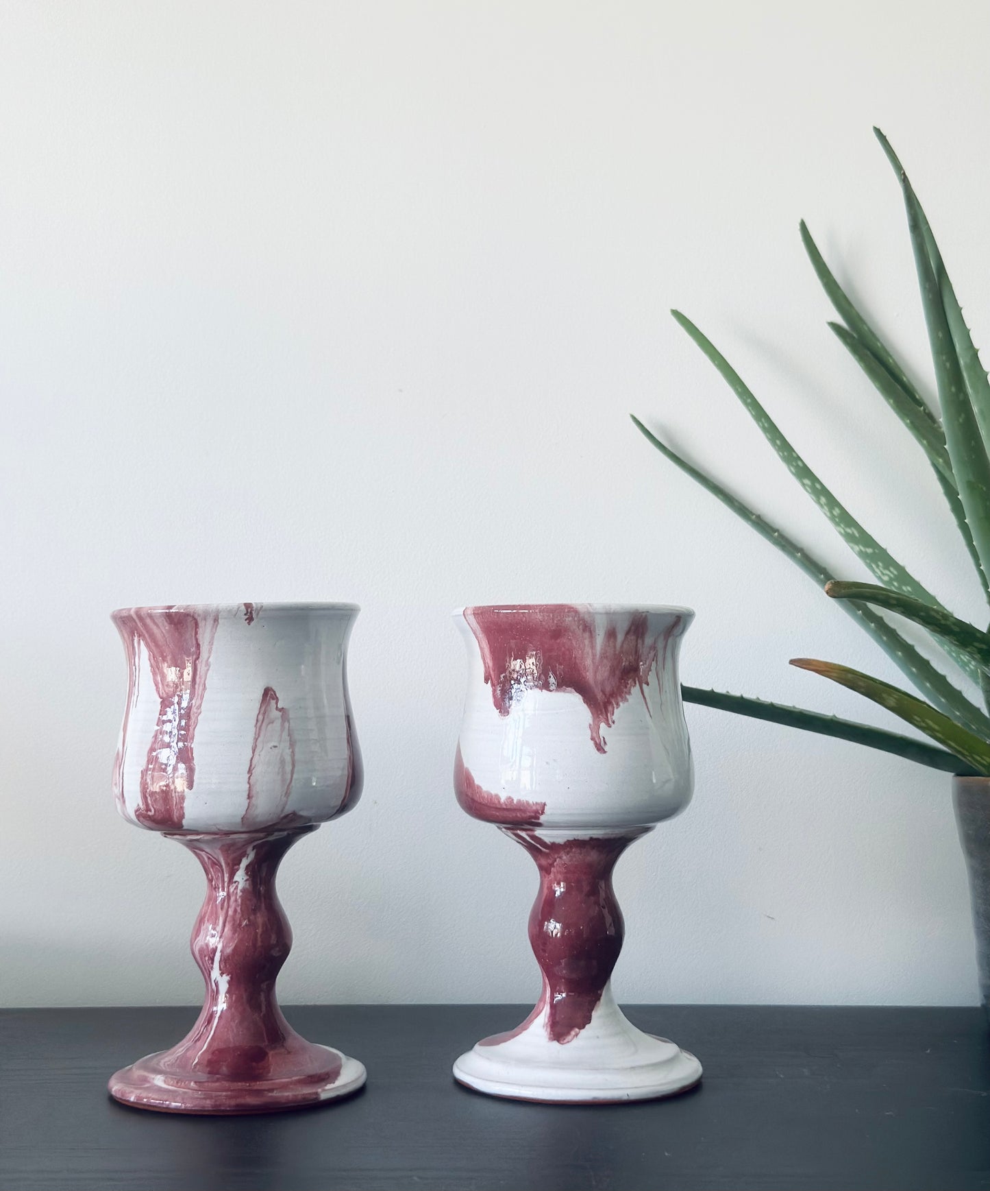 Set of two abstract terracotta wine goblets
