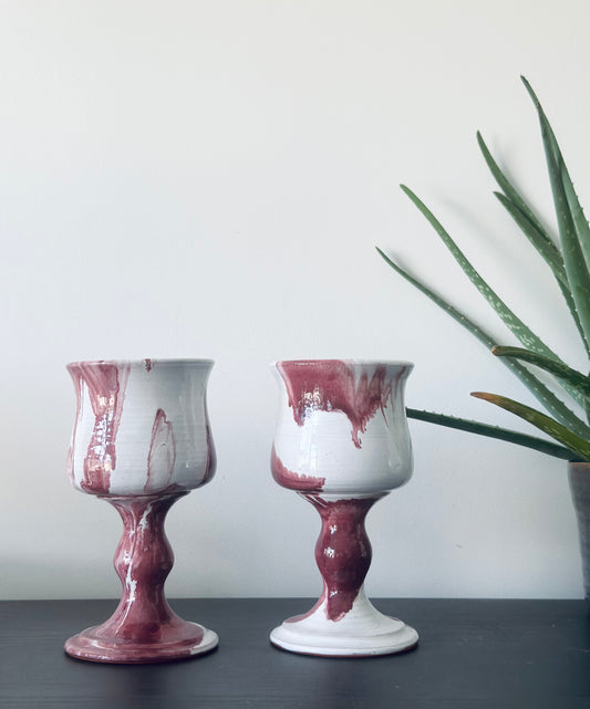 Set of two abstract terracotta wine goblets