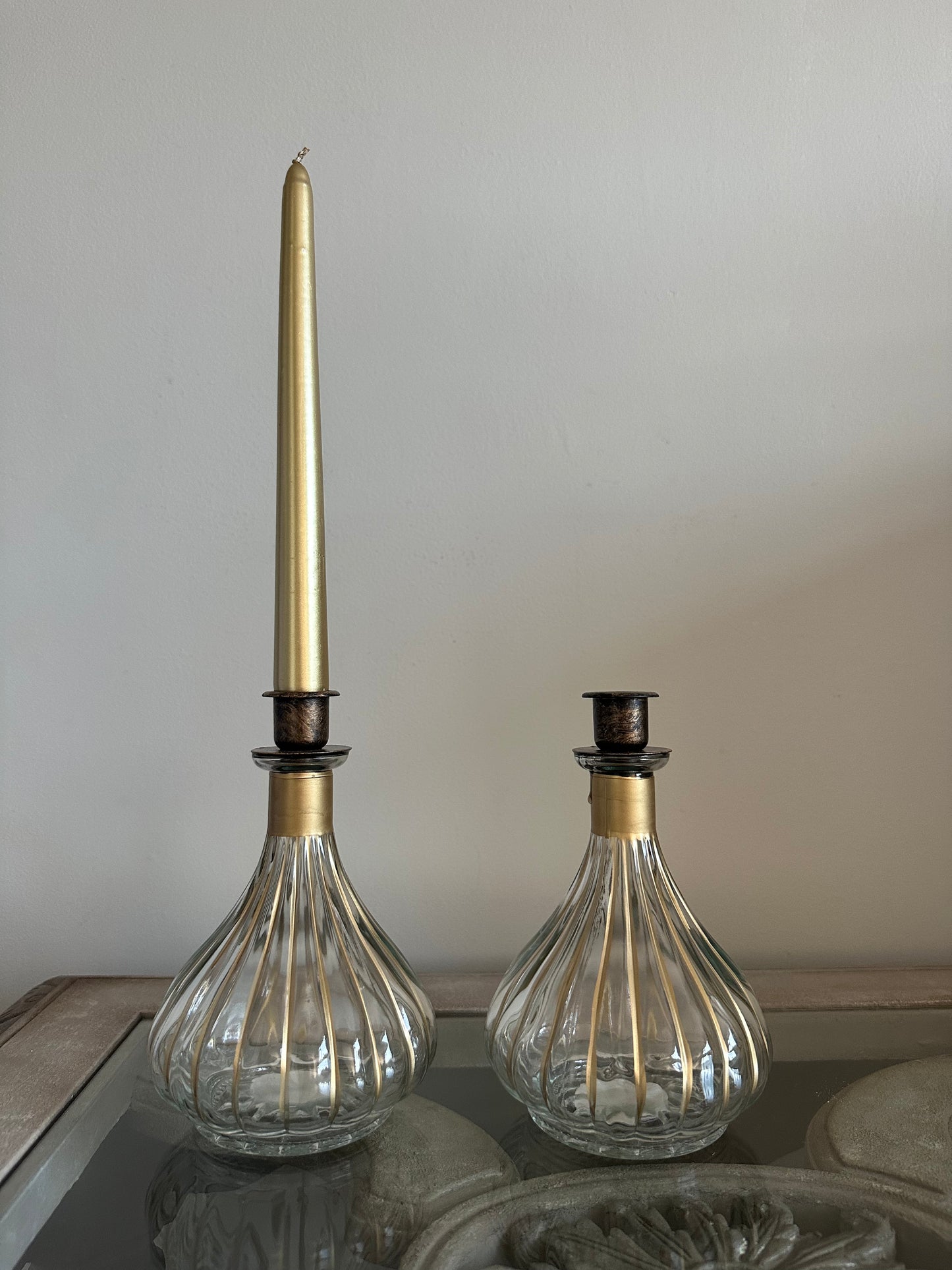 Stunning glass and gold dining candle holders
