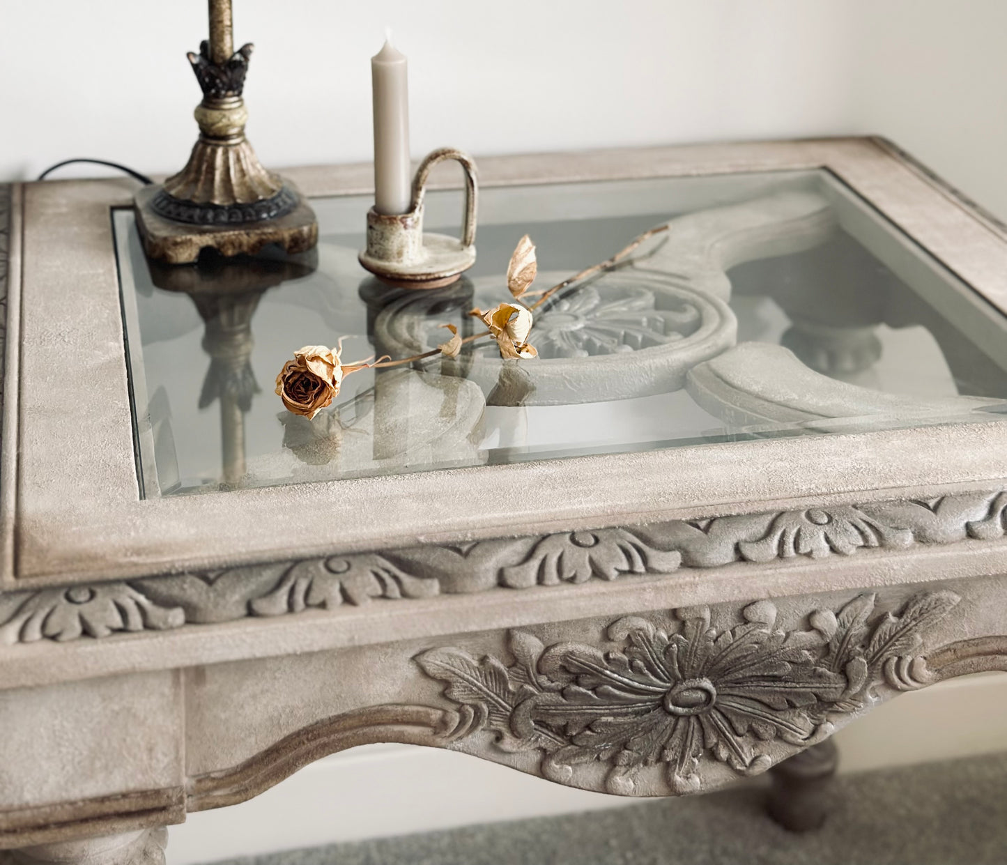 Victorian Carved Wood Glass Top Table