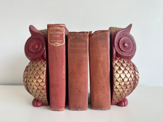 Heavy vintage gold and red owl book ends