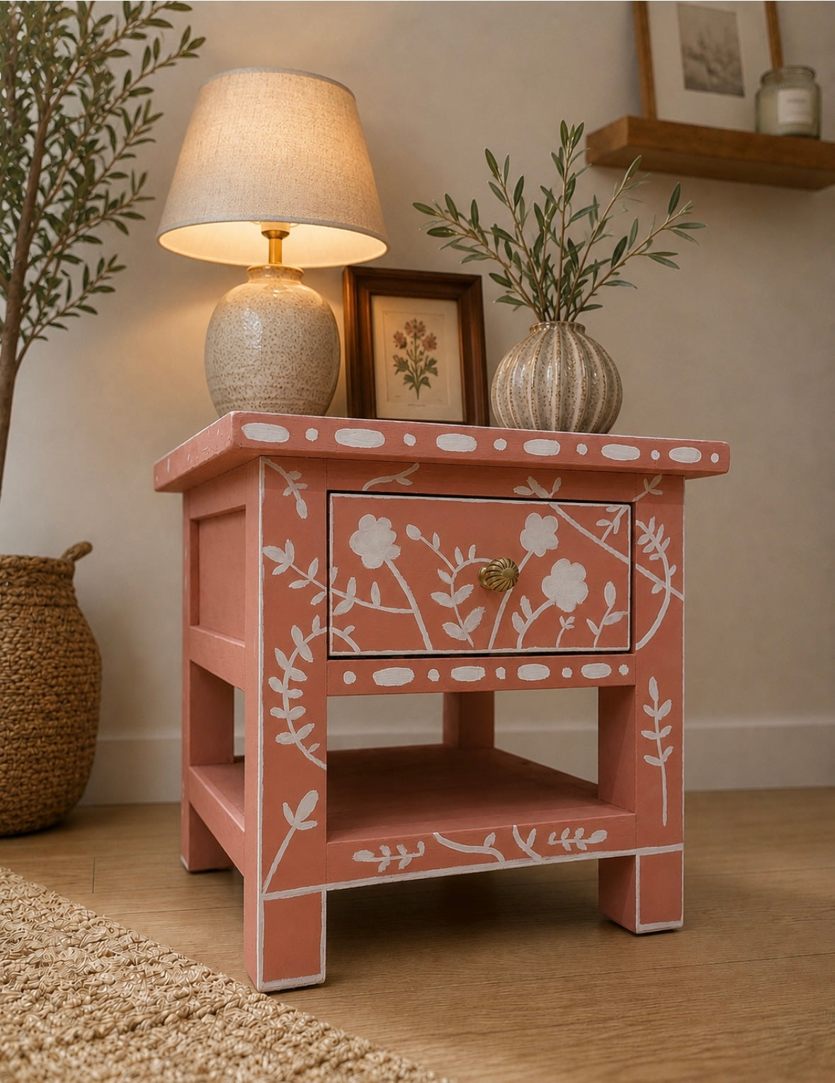 Terracotta Hand Painted Flower Side Table