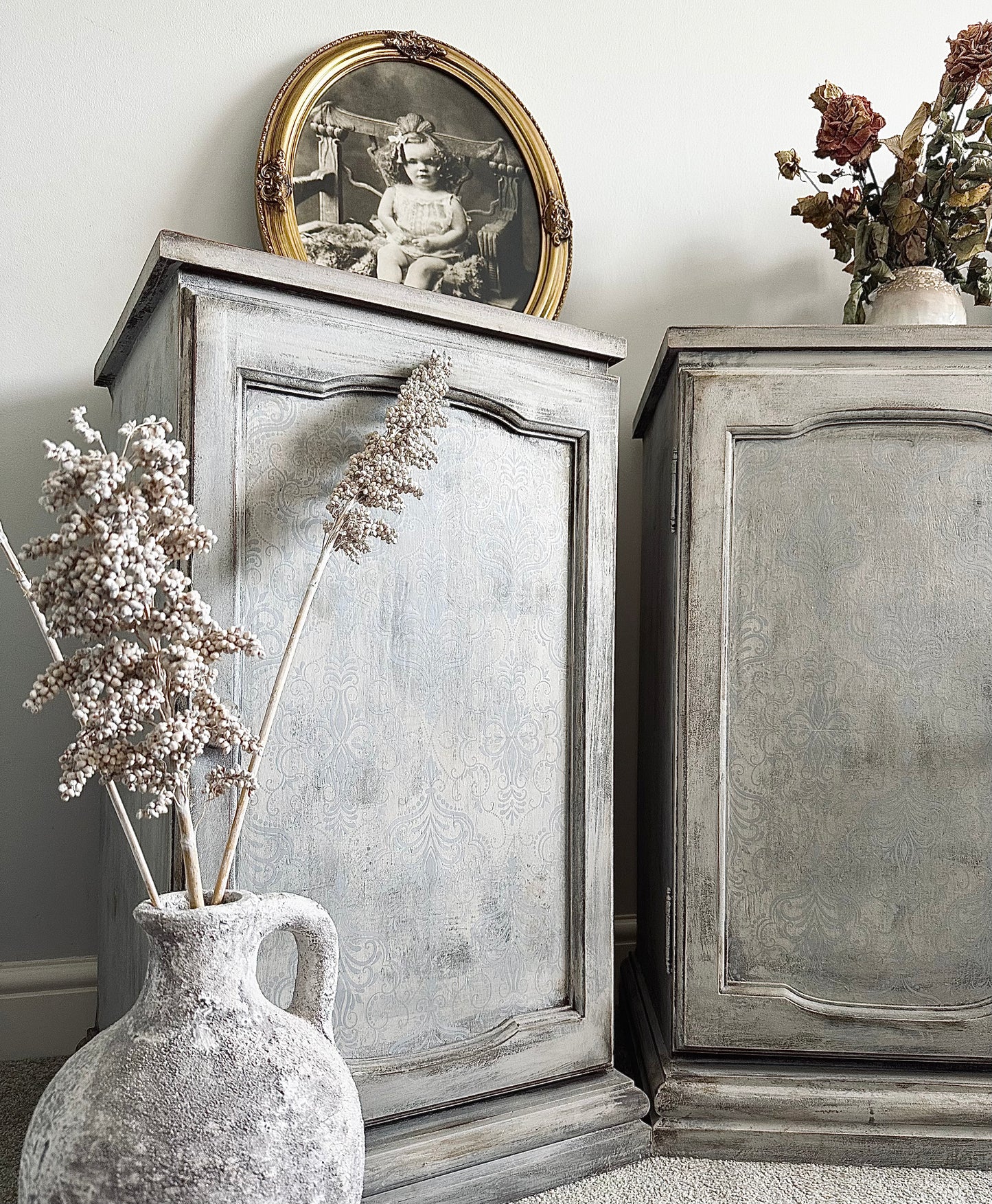 French style vintage distressed hand painted cabinets