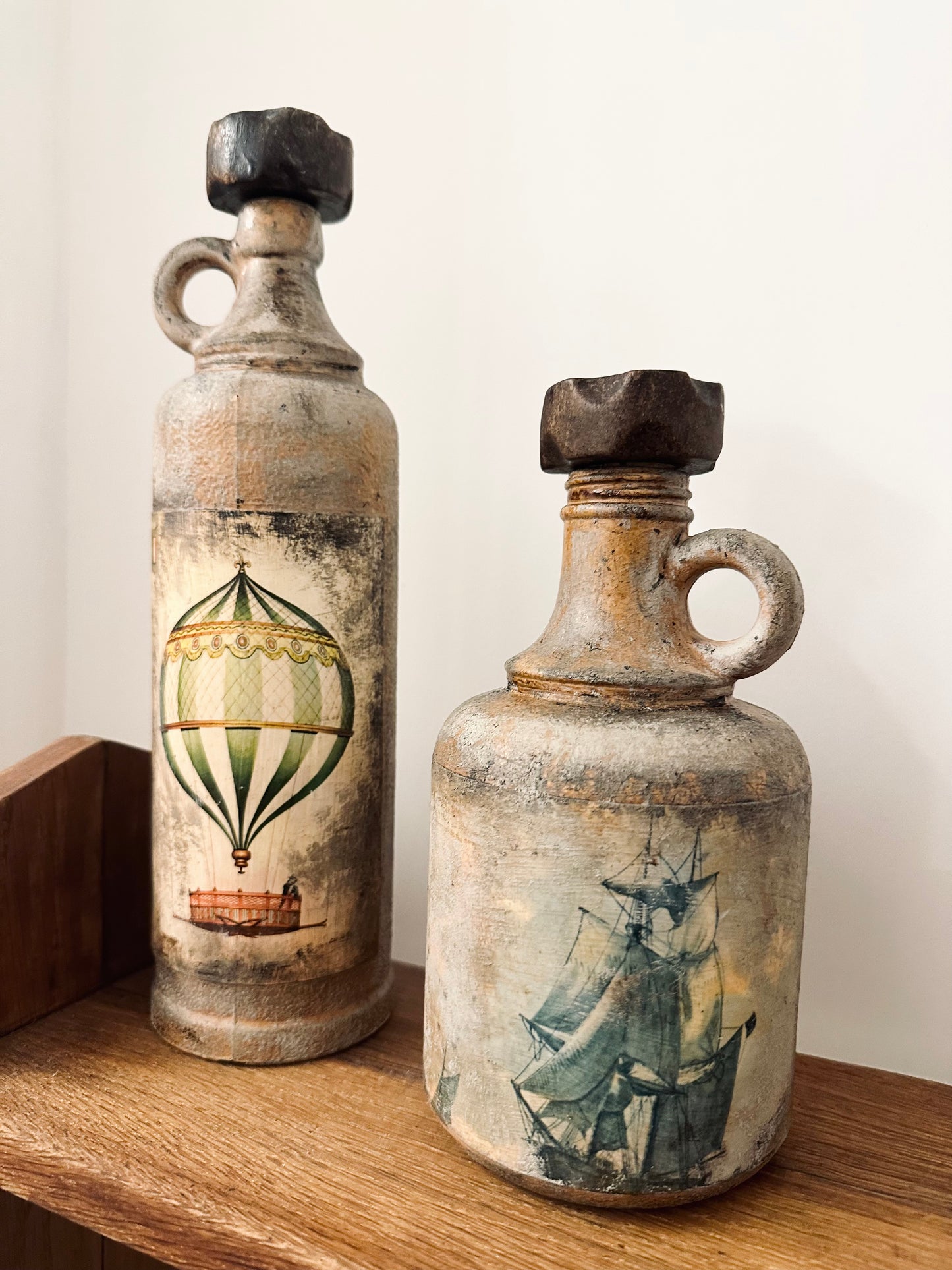 Vintage hand painted rustic bottles/candle stick holders