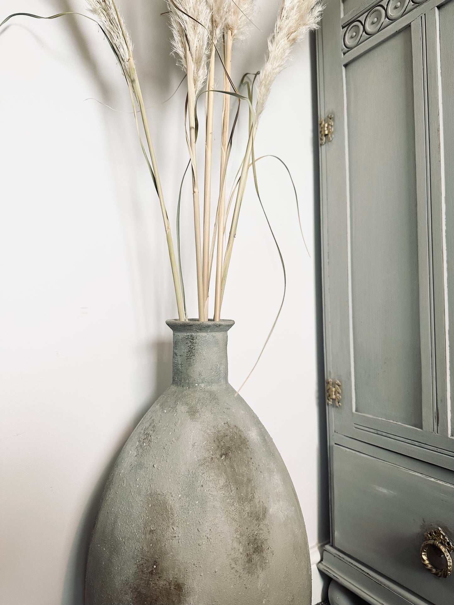 Tall green/grey rustic floor standing vase