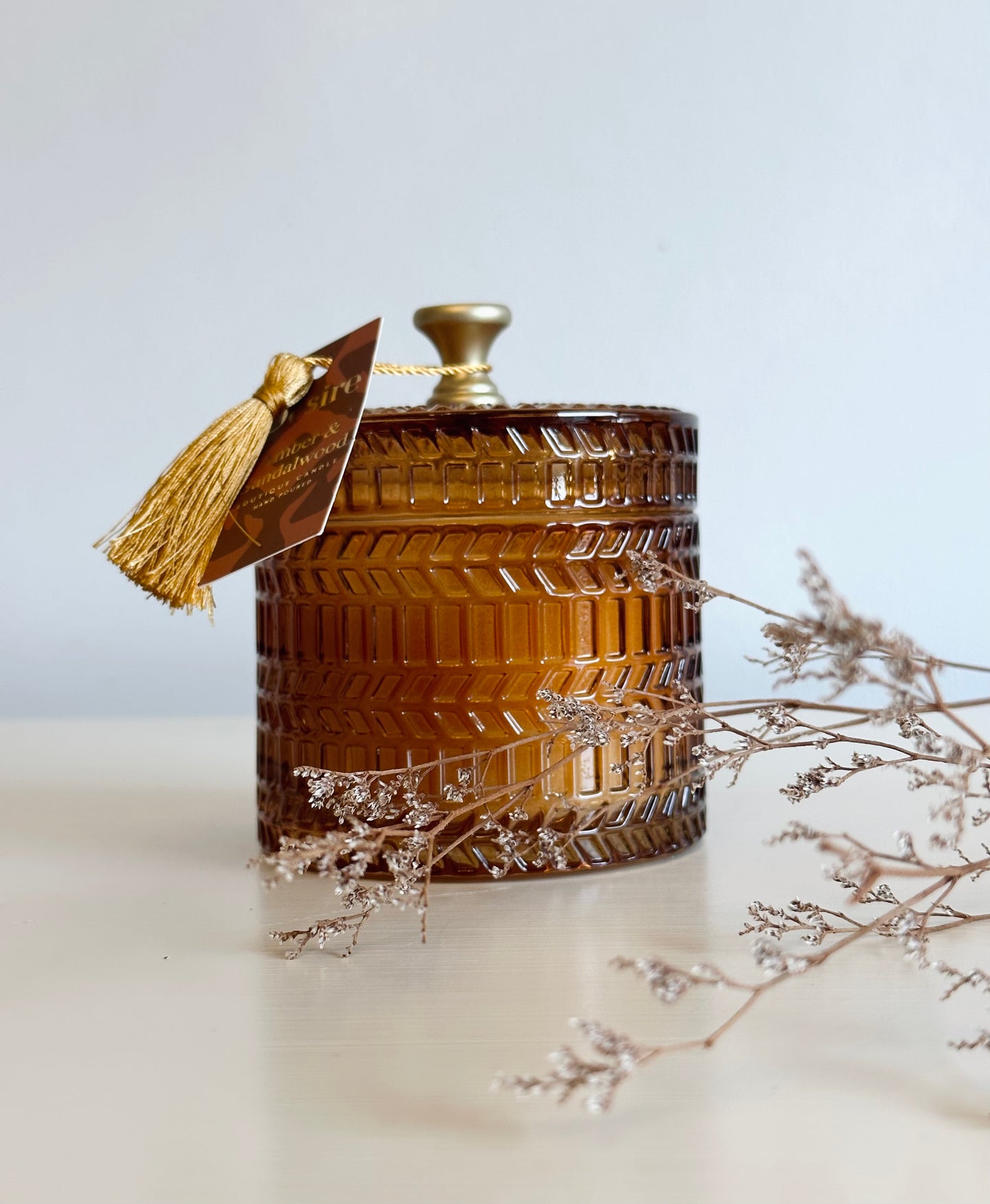 Stunning Amber and Sandalwood Glass Candle