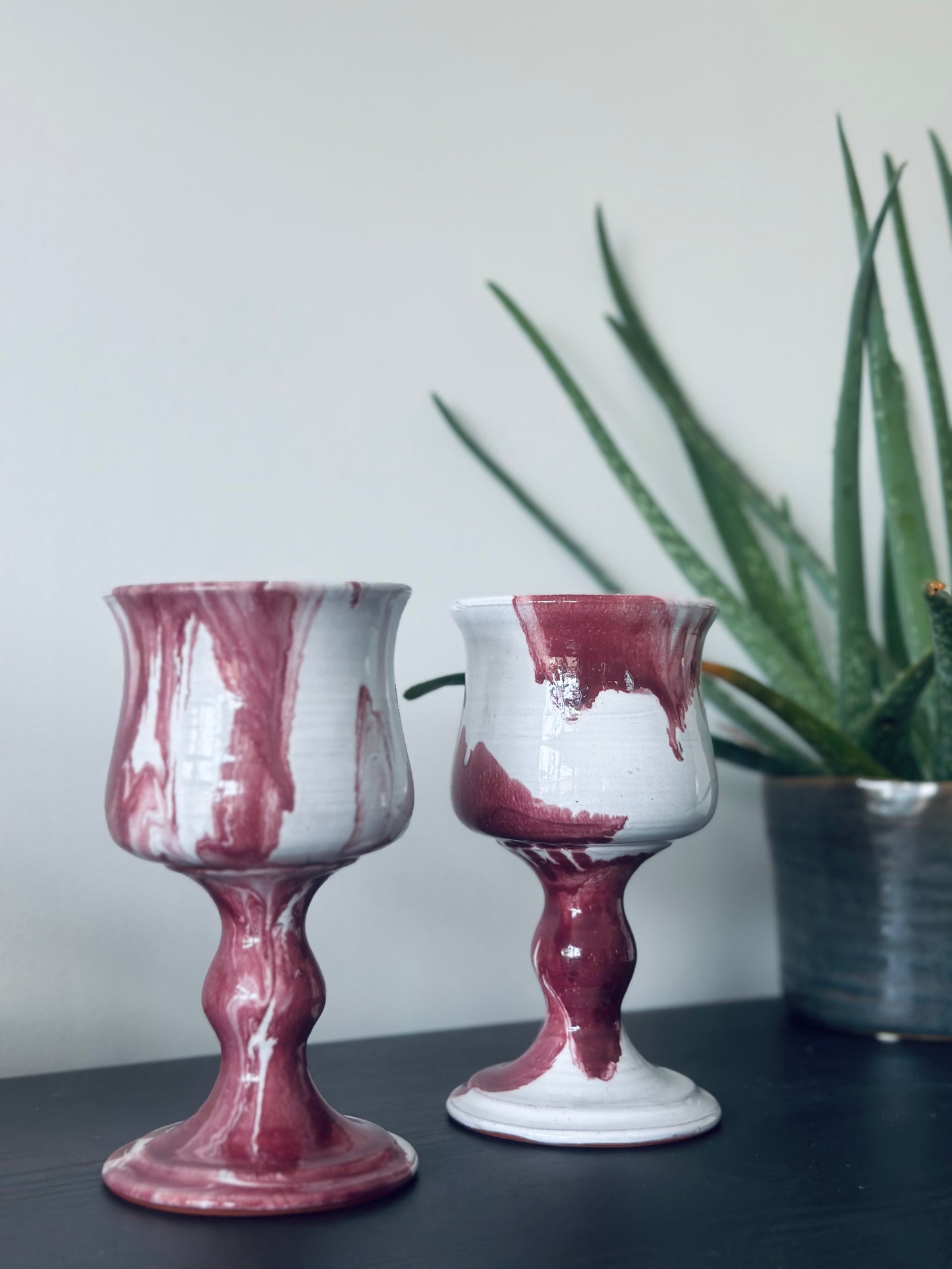 Set of two abstract terracotta wine goblets
