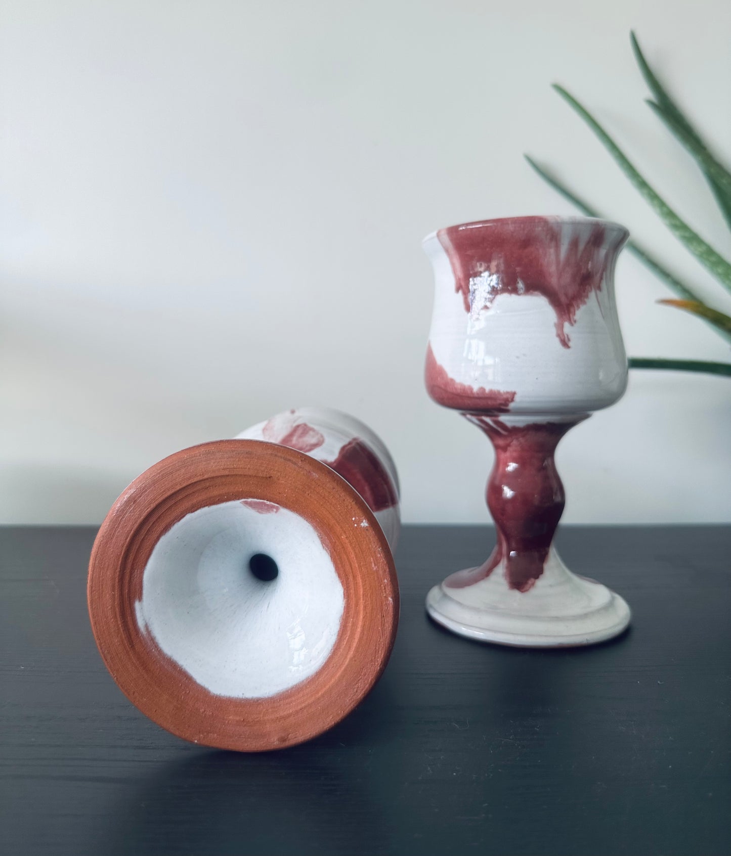 Set of two abstract terracotta wine goblets