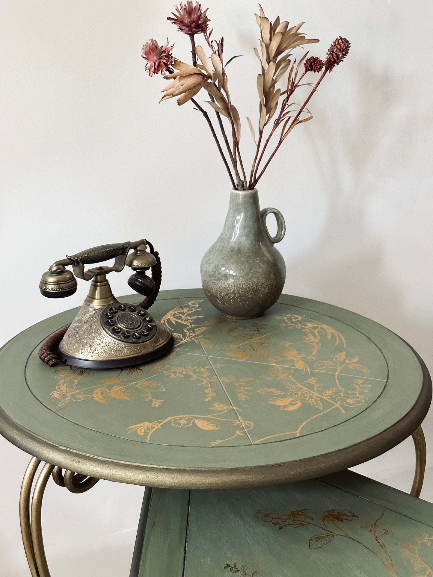 Set of three gold bird song tables