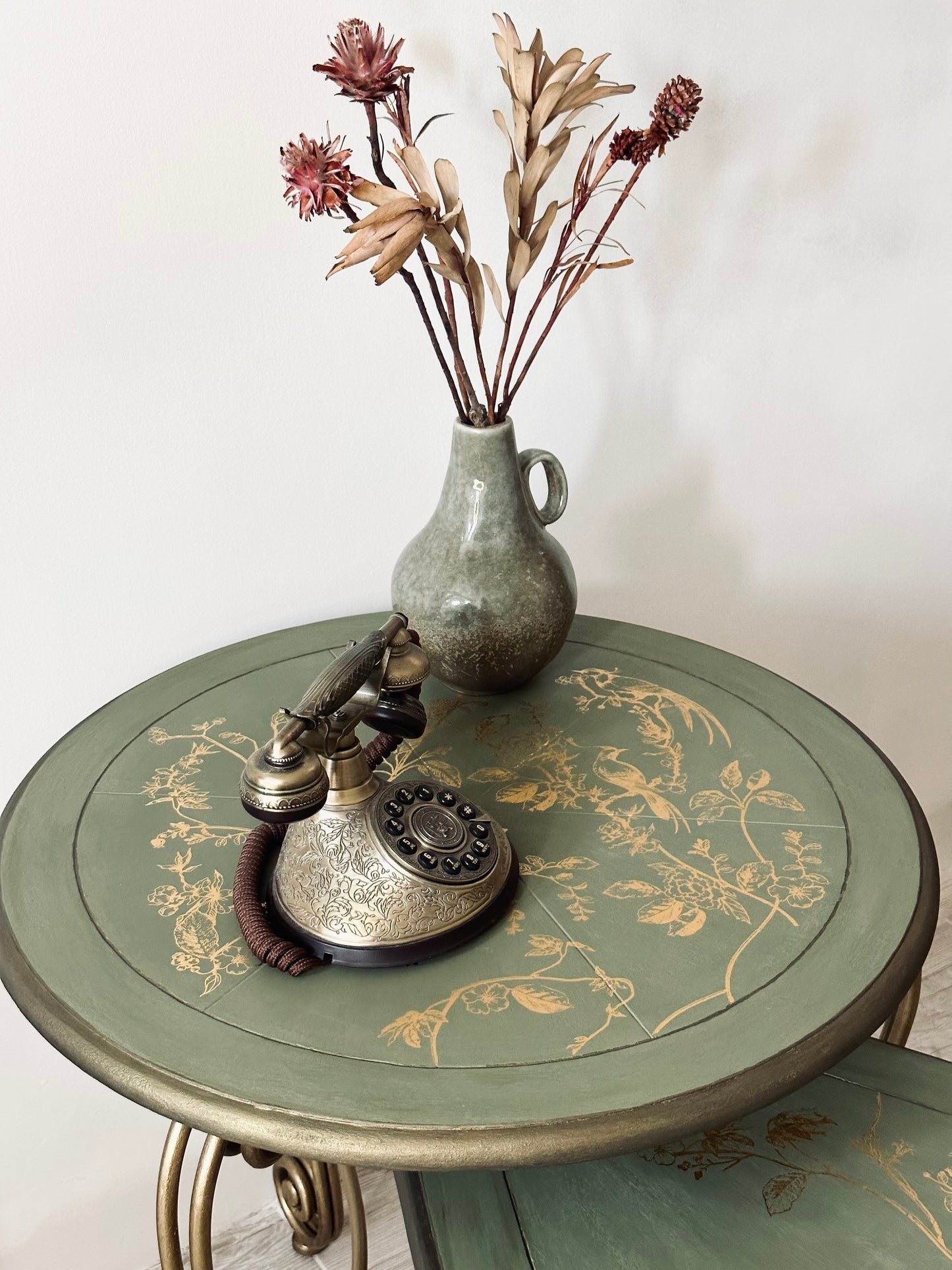 Set of three gold bird song tables