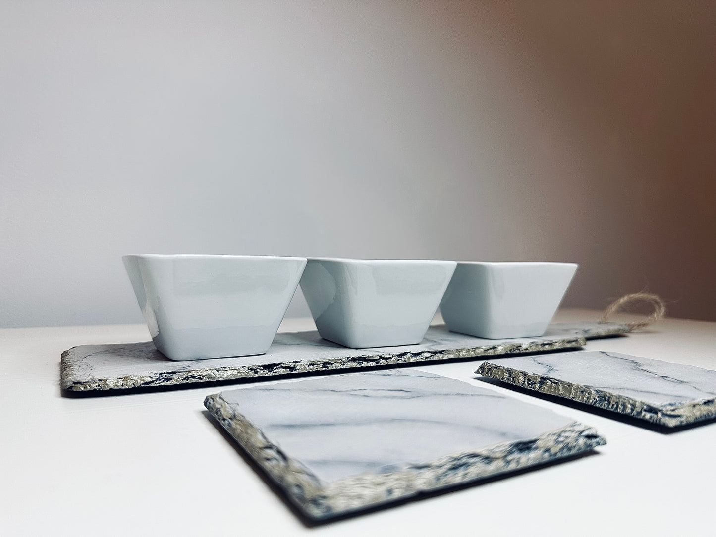 Marble Design Slate Tray and Coasters