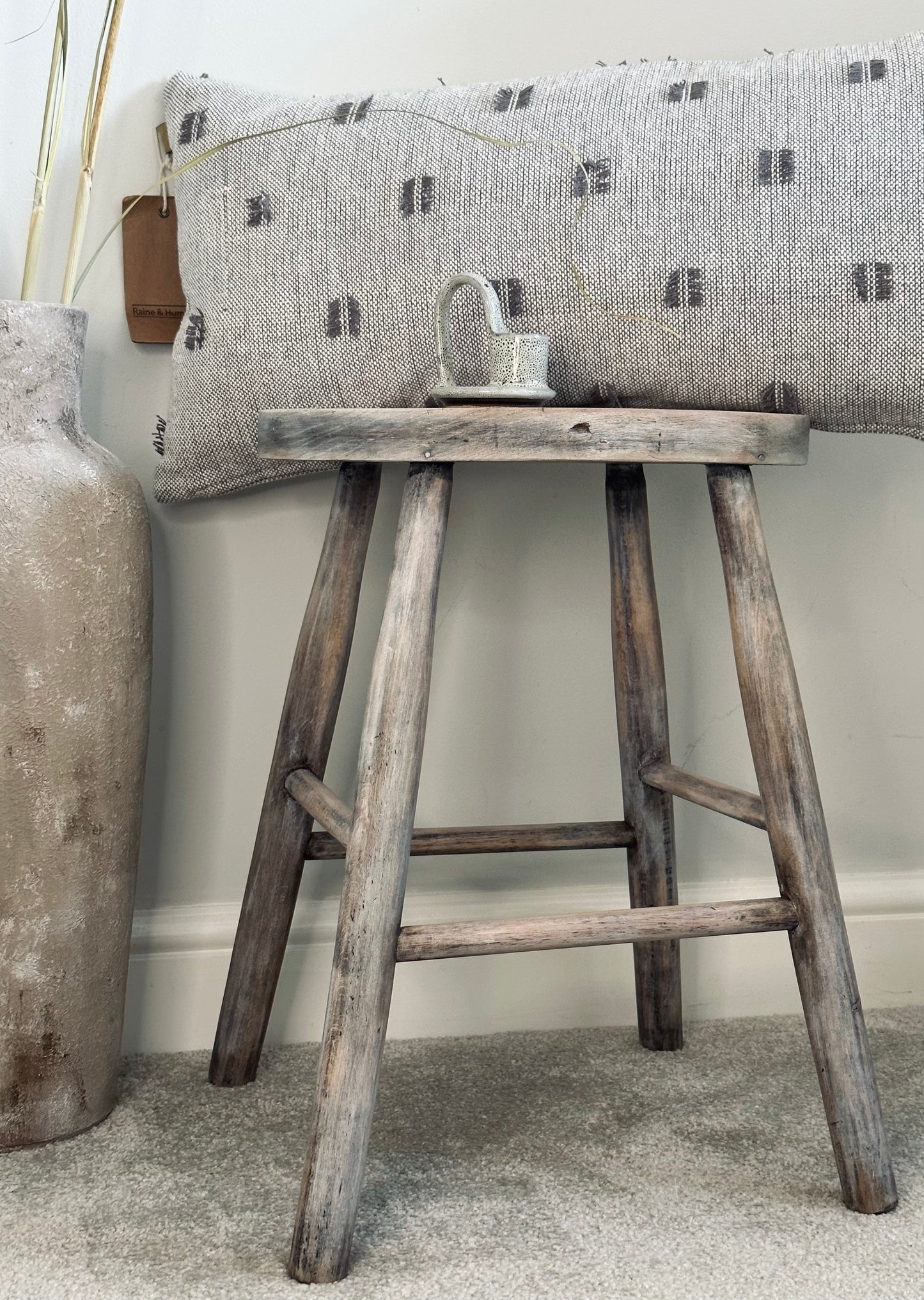 Rustic Wooden Limed Stool