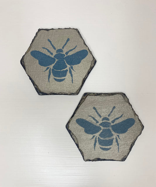 Two Gold Octagon Bee Design Coasters